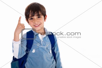 Young school boy with finger up