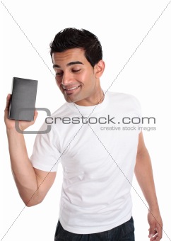 Man promoting selling a boxed product