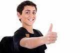 Side pose of teenager shows thumbs up
