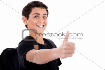 Side pose of teenager shows thumbs up