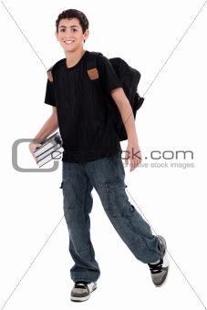 Handsome teenager boy student with books in hand