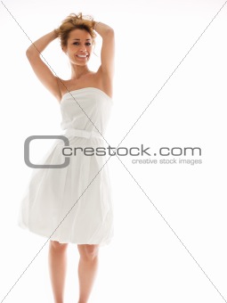 blond woman in white clothes