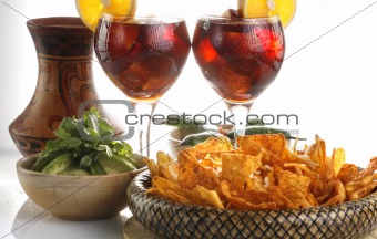 Sangria, tortilla chips and mole