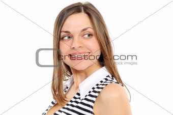 Positive young woman smiling over white background