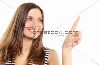 Young woman pointing out with finger