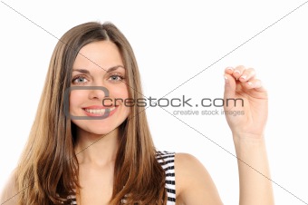 young woman, holds your product on a whate background