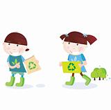 School childrens with recycle symbol