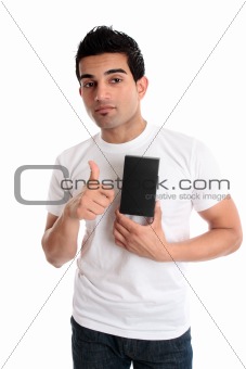 Guy showing product thumbs up