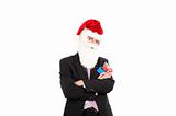 Businessman in suit with santa hat on head. 