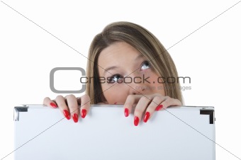Female holding a blank billboard