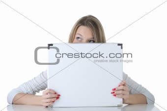Female holding a blank billboard