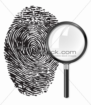 black fingerprint and magnifying glass loupe