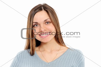 Positive young woman smiling over white background