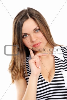 The positive young woman on a white background.