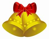 Two golden christmas bells with red bow