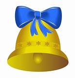 Golden christmas bell with blue bow - vector