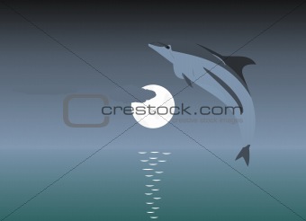 Illustration of a jumping dolphin over a moonlight