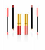 Lipsticks and pencils isolated on a white background