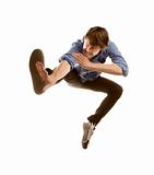 Tall handsome hipster man on white background jumping