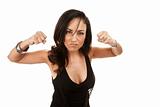 Hispanic woman flexing and showing her fists