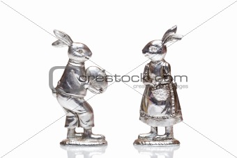 Male Easter bunny and female easter bunny isolated on white back