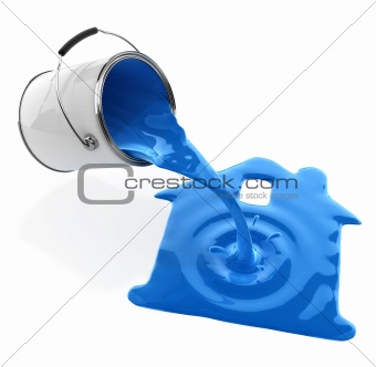 blue paint pouring from bucket in house silhouette