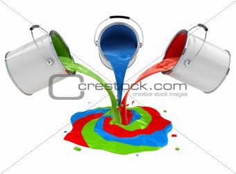 color paint pouring from buckets and mixing