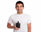 Man holding black bottle or product