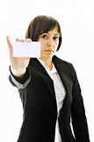 young business  woman displaying empty business card