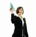 business woman throwing  paper airplane 