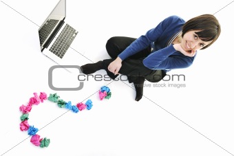 young woman isolated on white looking for solutions