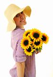 woman with sunflower isolated on white