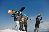 snowboarders group relaxing and enjoy sun