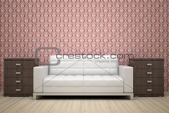 red wall and white sofa