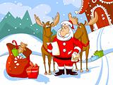 Santa Claus with his deers reads a letter