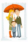 Happy family with umbrella under rain