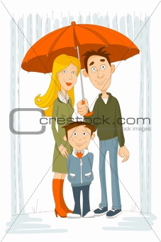 Happy family with umbrella under rain