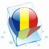 vector illustration of romania button flag frozen in ice cube