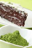 Matcha green tea powder and chocolate cake