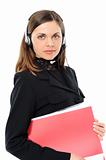 Young female customer service representative in headset  with a 