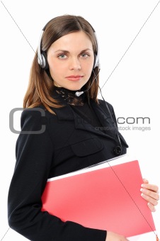 Young female customer service representative in headset  with a 