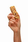 Woman Holding Granola Bar Isolated on a White Background.