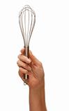 Woman Holding Egg Beater in the Air Isolated on a White Background.