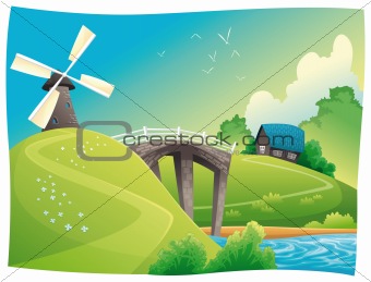 Countryside with windmill.