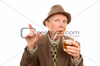 Senior woman in drag with cigarette and alcohol