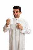 Smiling ethnic arab man with coffee