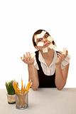 Bored female office worker at her desk with blank sticky notes