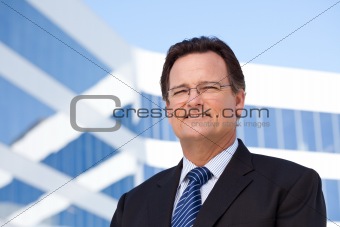 Handsome Businessman Smiling in Suit and Tie Outside of Corporate Building.