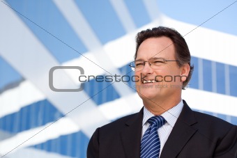 Handsome Businessman Smiling in Suit and Tie Outside of Corporate Building.