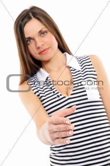  Young woman handshake isolated on white